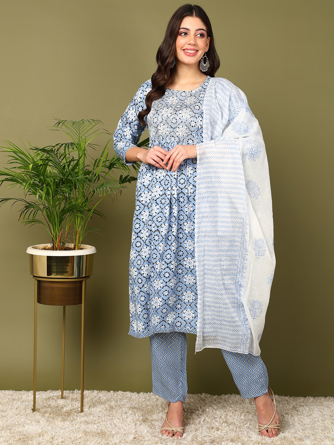 

mokshi Ethnic Motifs Printed Empire Sequinned Kurta with Trousers & With Dupatta, Blue