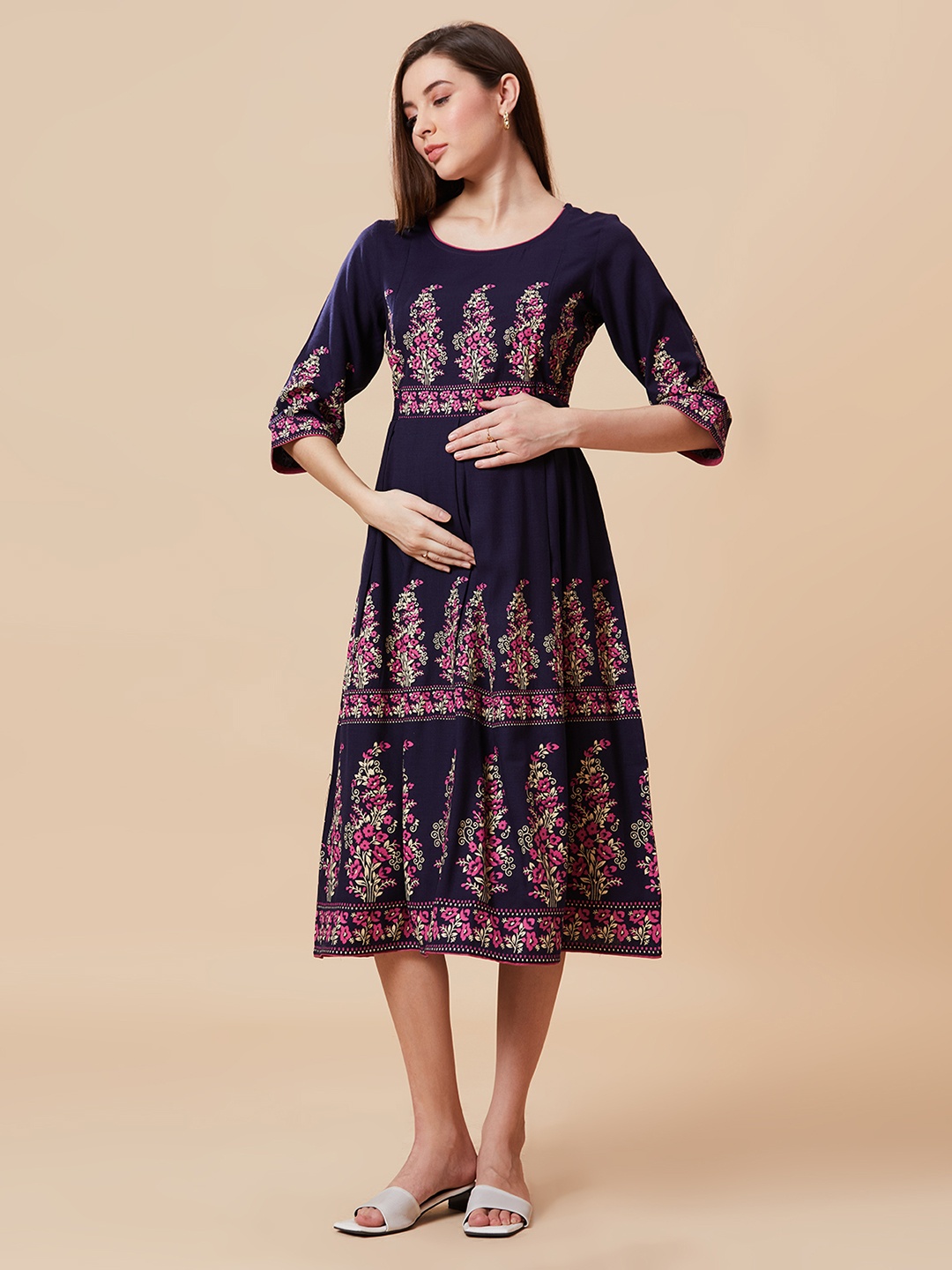 

Jeff co-op Floral Printed Maternity A-Line Ethnic Dress, Navy blue
