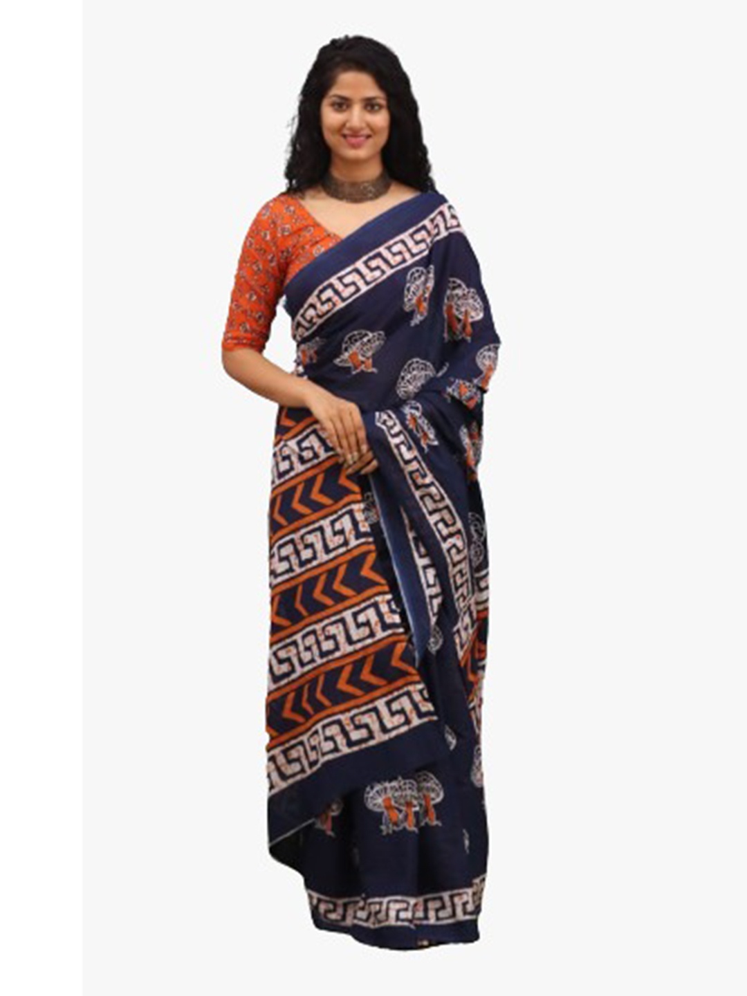 

TROPWEAR Ethnic Motifs Block Print Pure Cotton Saree, Blue