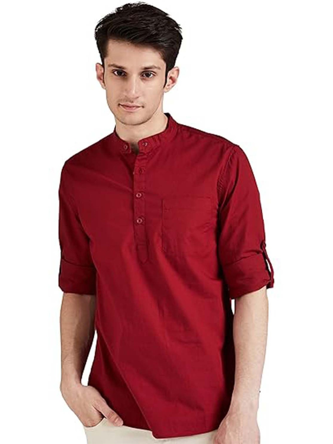 

EdinWolf Mandarin Collar Roll-Up Sleeves Pure Cotton Slim Fit Straight Short Kurta, Red