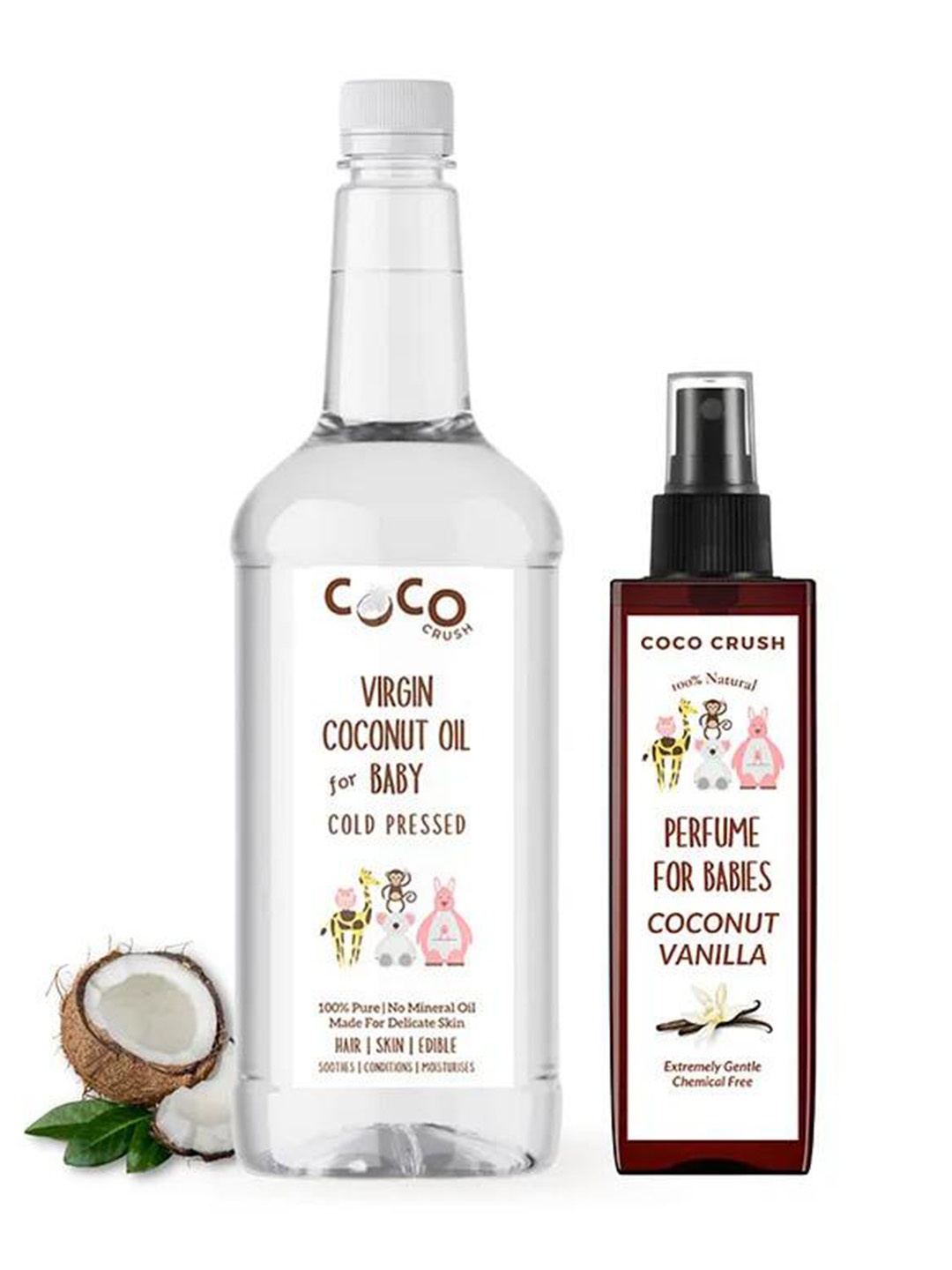 

Coco Crush Set Of 2 Natural & Virgin Coconut Oil 500ml & Gentle Perfume For Babies- 50 ml, Transparent