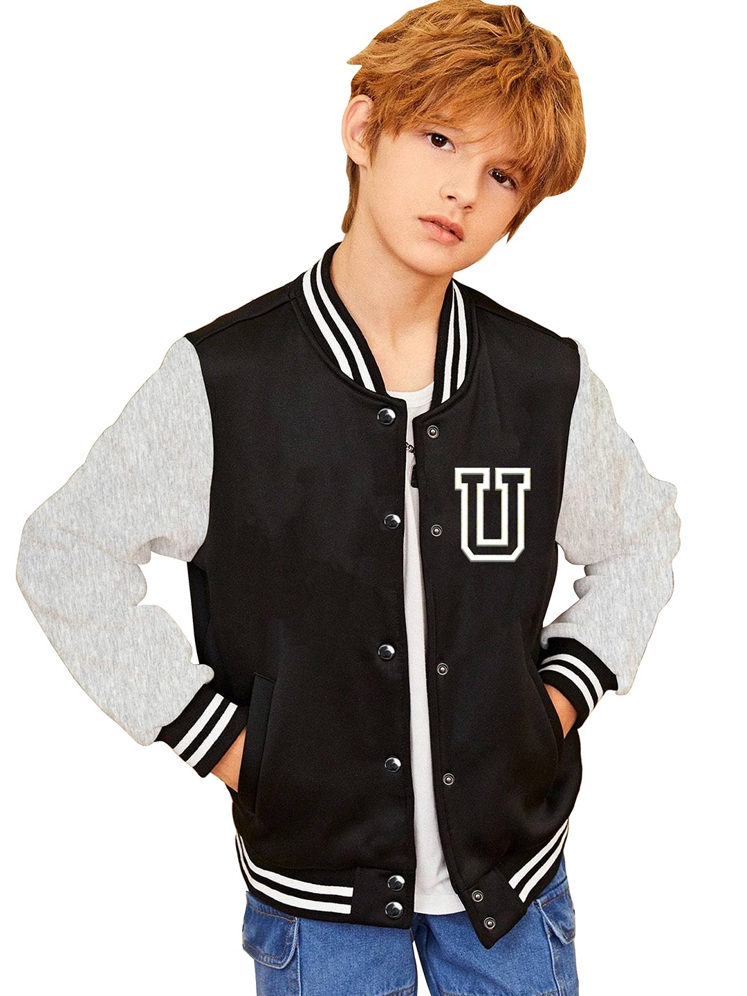 

BAESD Boys Typography Printed Varsity Jacket, Black