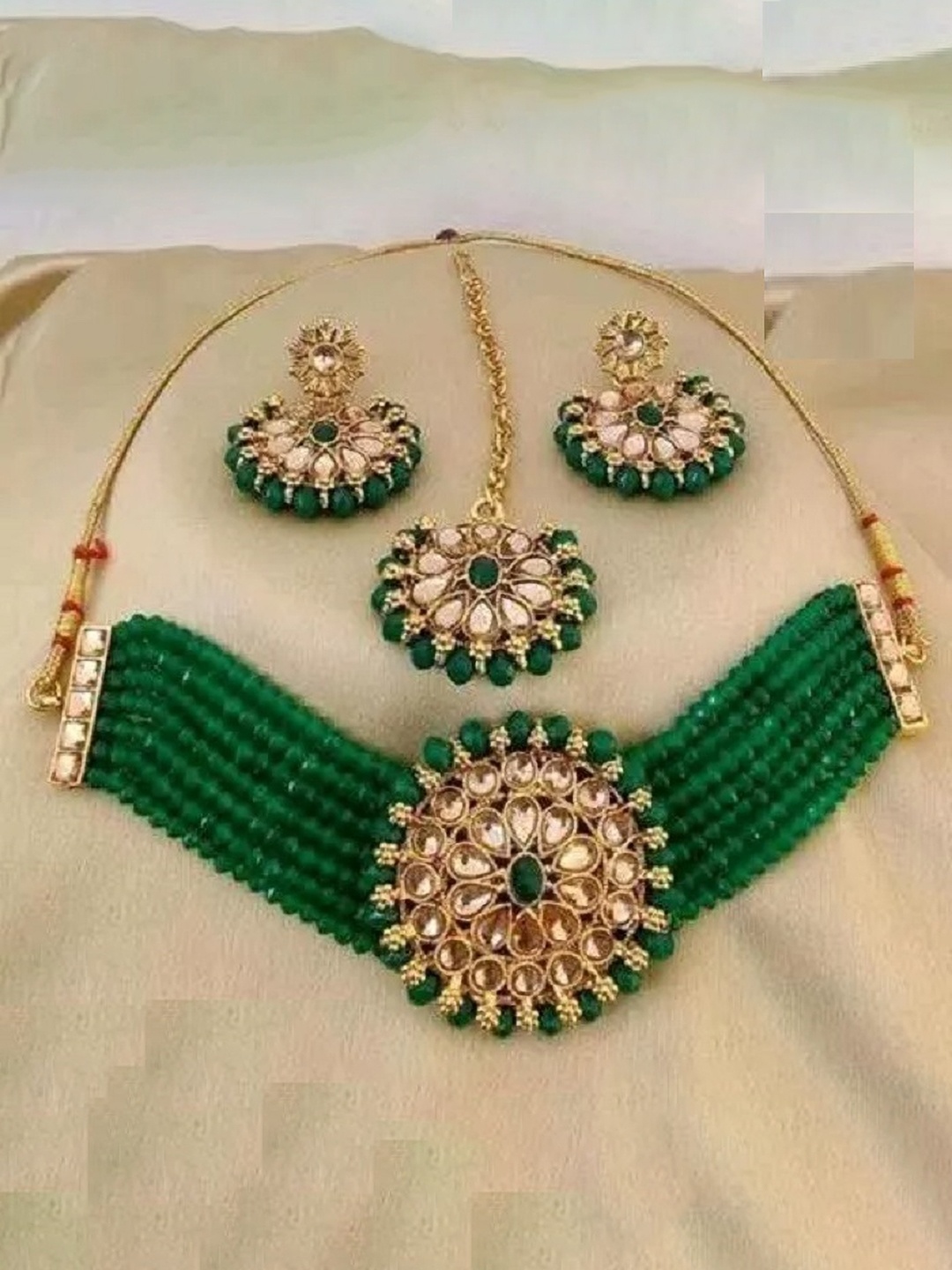 

JMBW INTERNATIONAL Beaded Necklace with Earrings & Maang Tika, Green