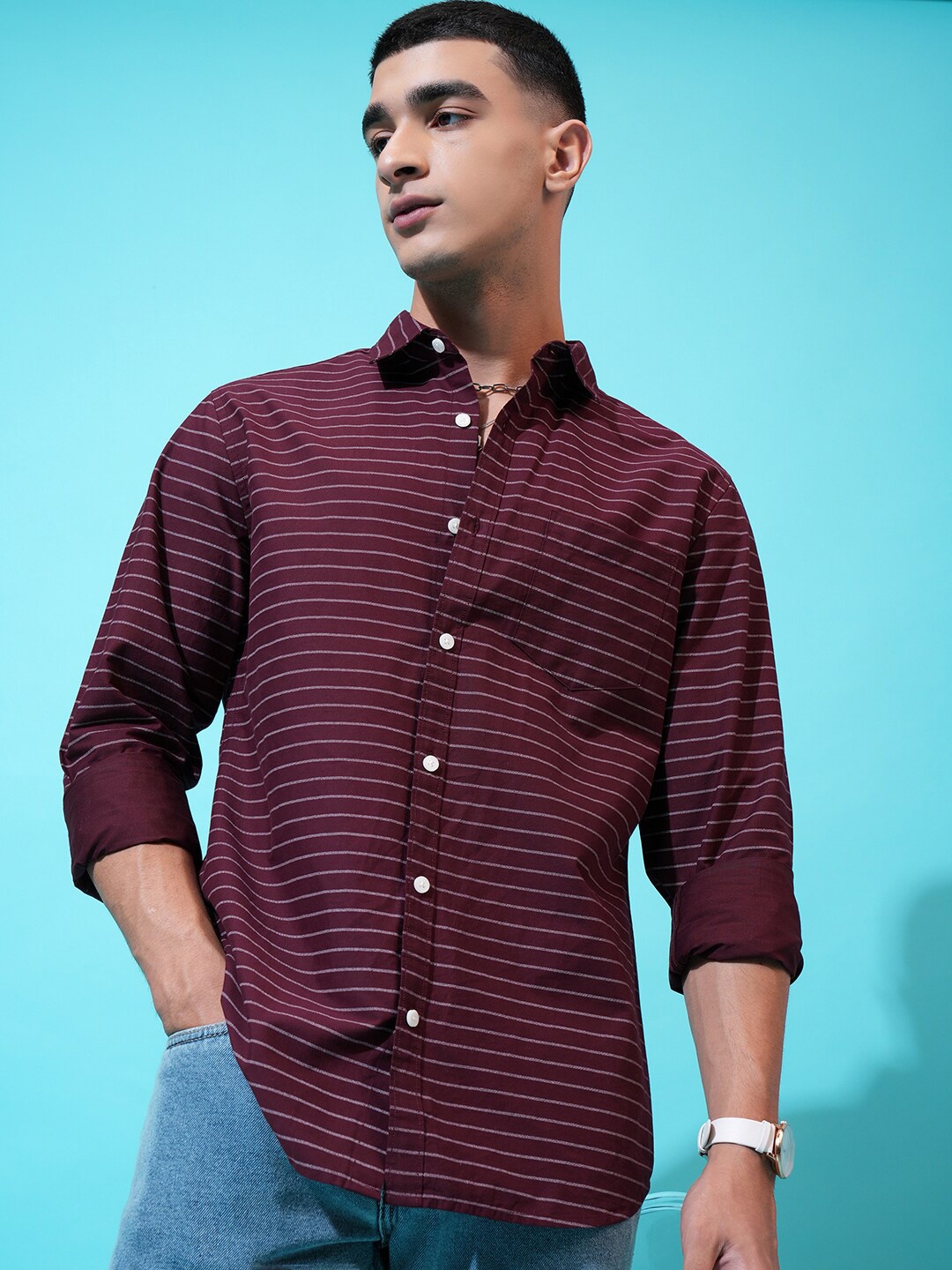 

HIGHLANDER Striped Slim Fit Shirt, Maroon