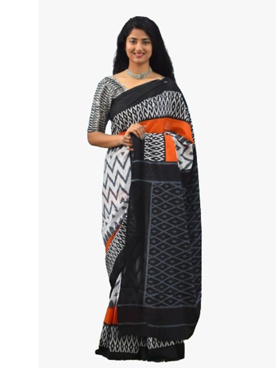 

TROPWEAR Geometric Ikat Pure Cotton Saree, White