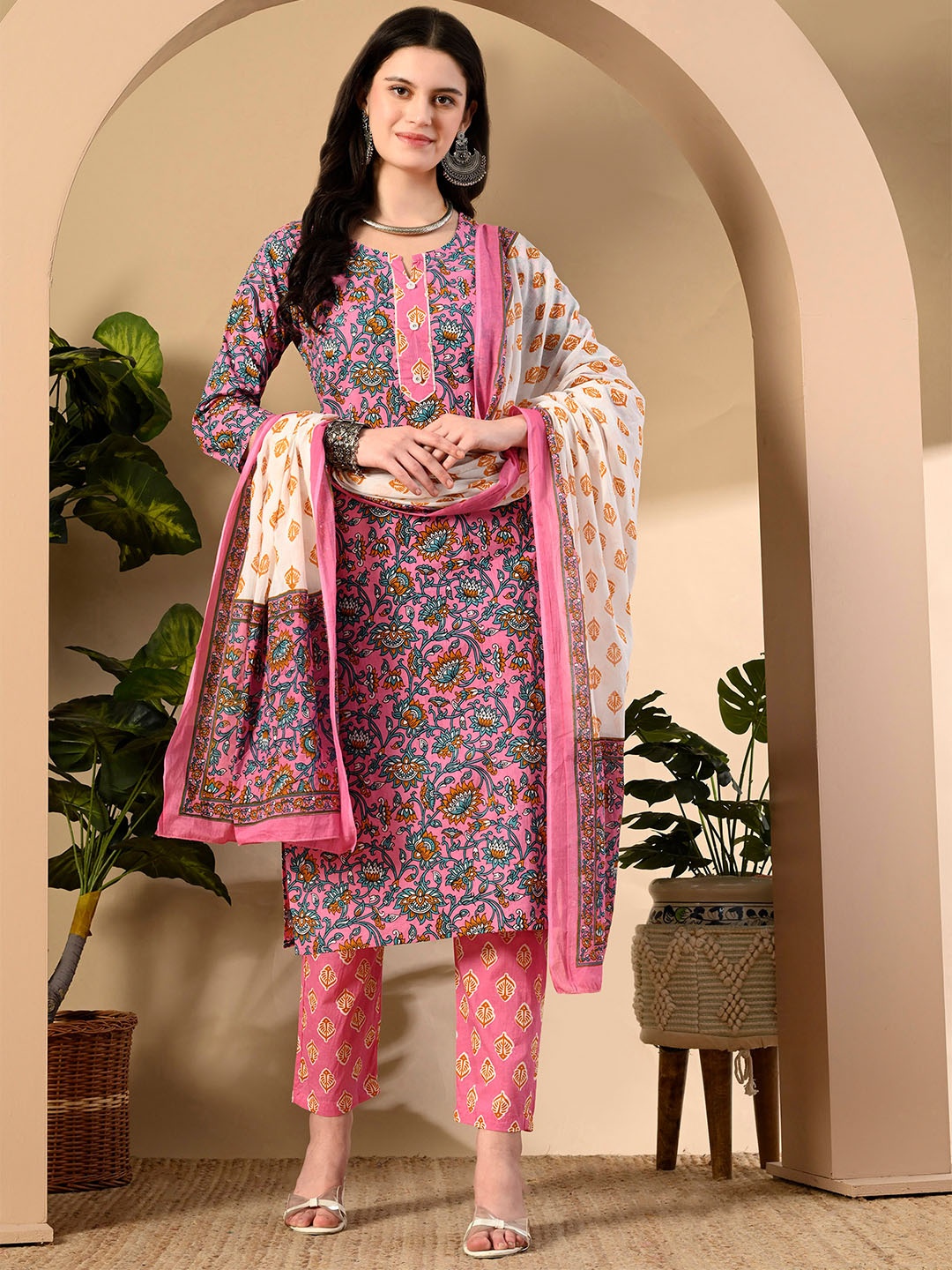 

KEOSA Round Neck Floral Printed Pure Cotton Straight Kurta With Trouser & Dupatta, Pink