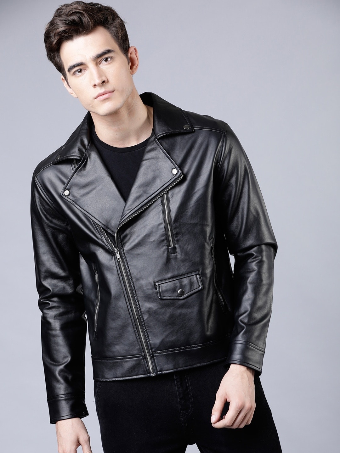 

HIGHLANDER Men Black Solid Leather Jacket