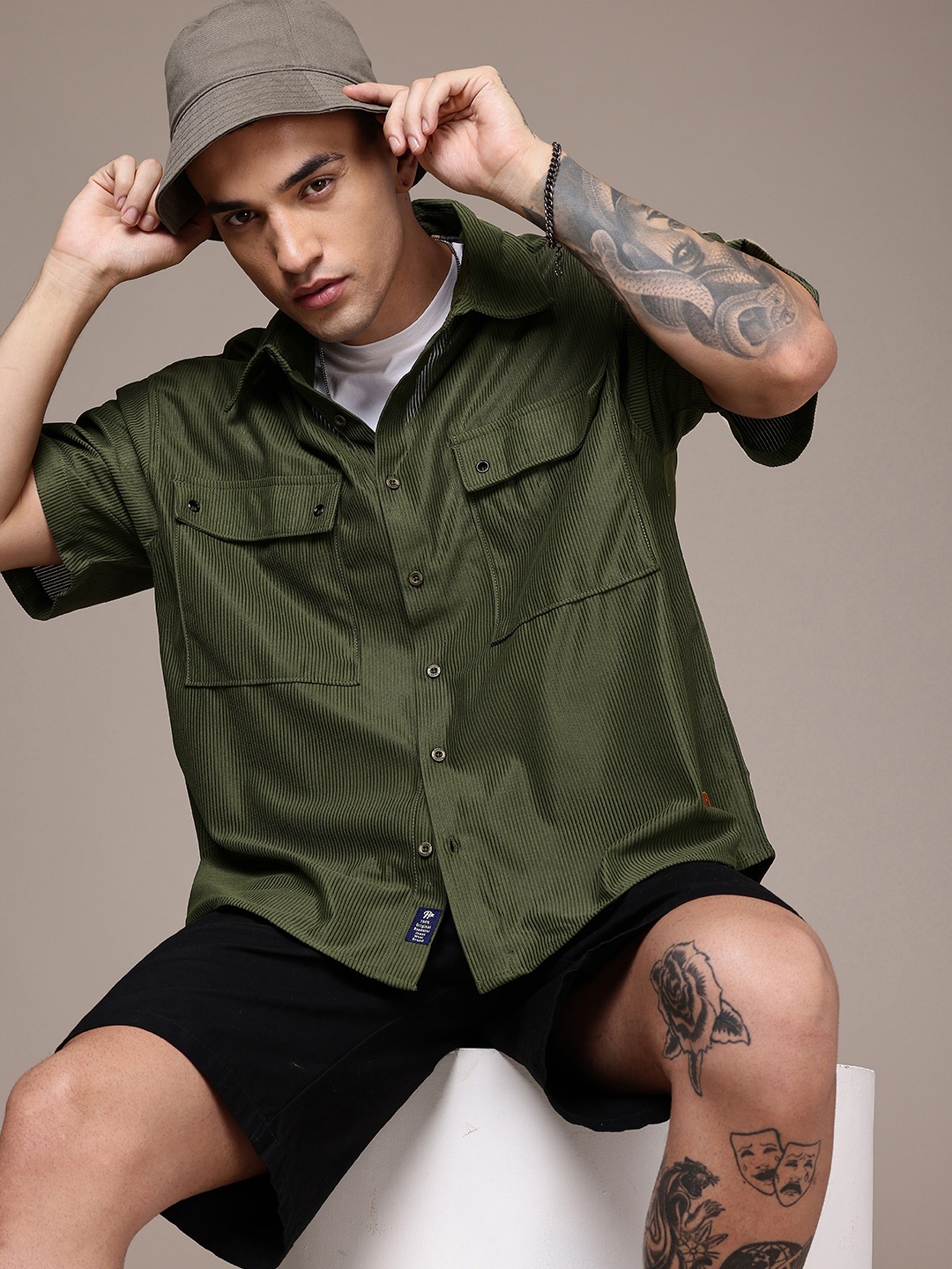 

The Roadster Life Co. Self Striped Relaxed Fit Casual Shirt, Olive