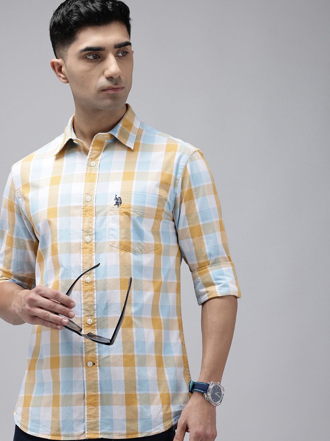 

U.S. Polo Assn. Tailored Fit Checked Pure Cotton Casual Shirt, Yellow