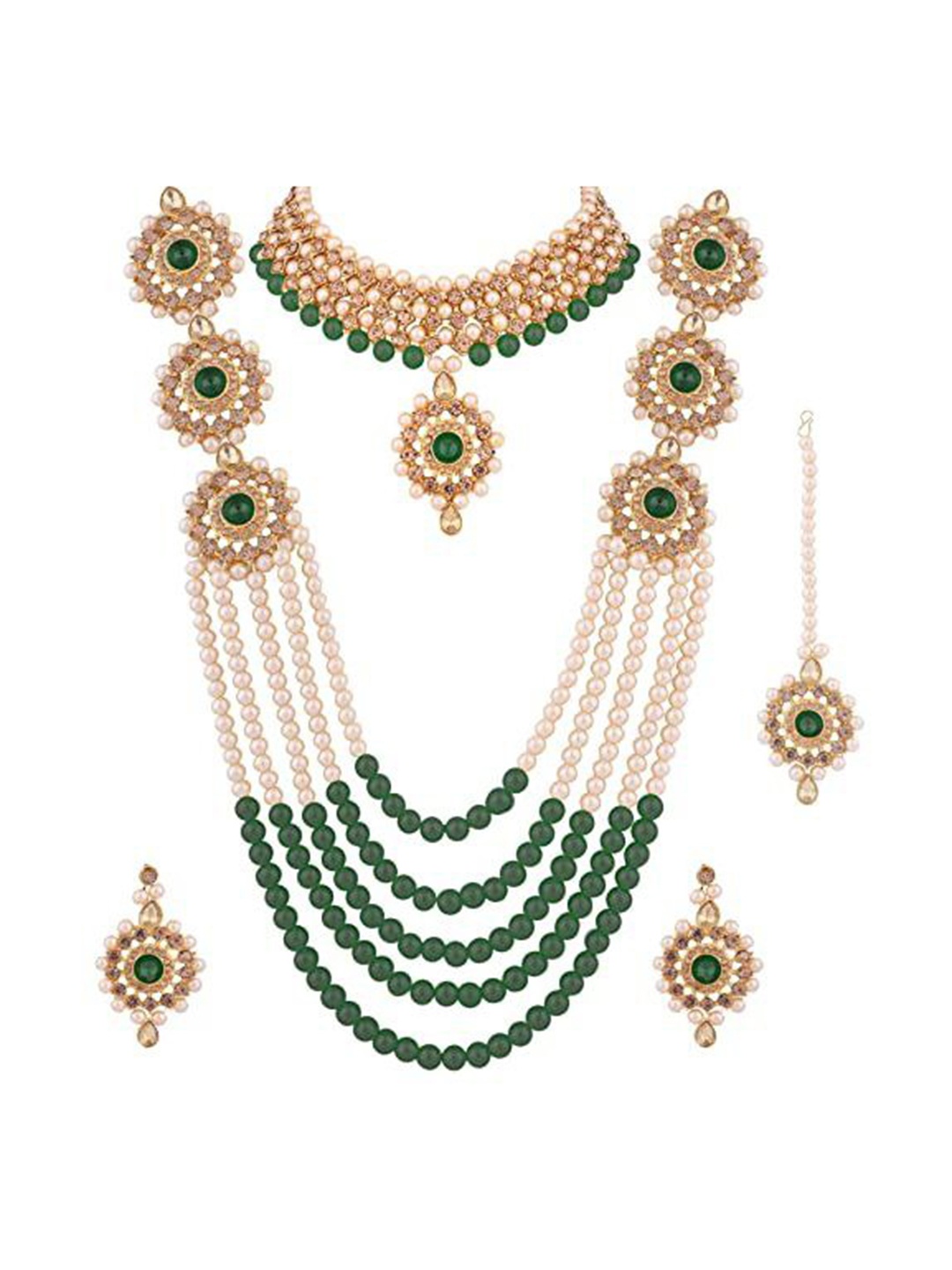 

JMBW INTERNATIONAL Gold-Plated Beaded Necklace with Earrings & Maang Tika, Green