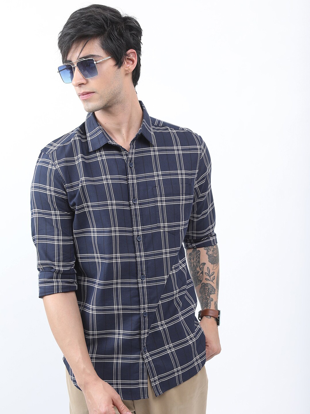 

HIGHLANDER Tartan Checked Slim Fit Casual Shirt, Navy blue