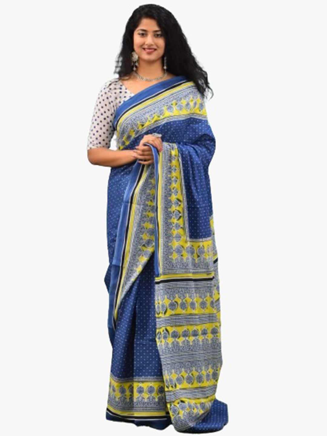 

clothonus Block Print Pure Cotton Saree, Yellow