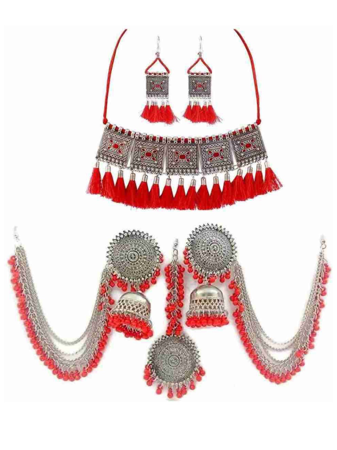 

JMBW INTERNATIONAL Set Of 3 Sterling Silver Beaded Oxidised Sterling Silver Jewellery Set, Red