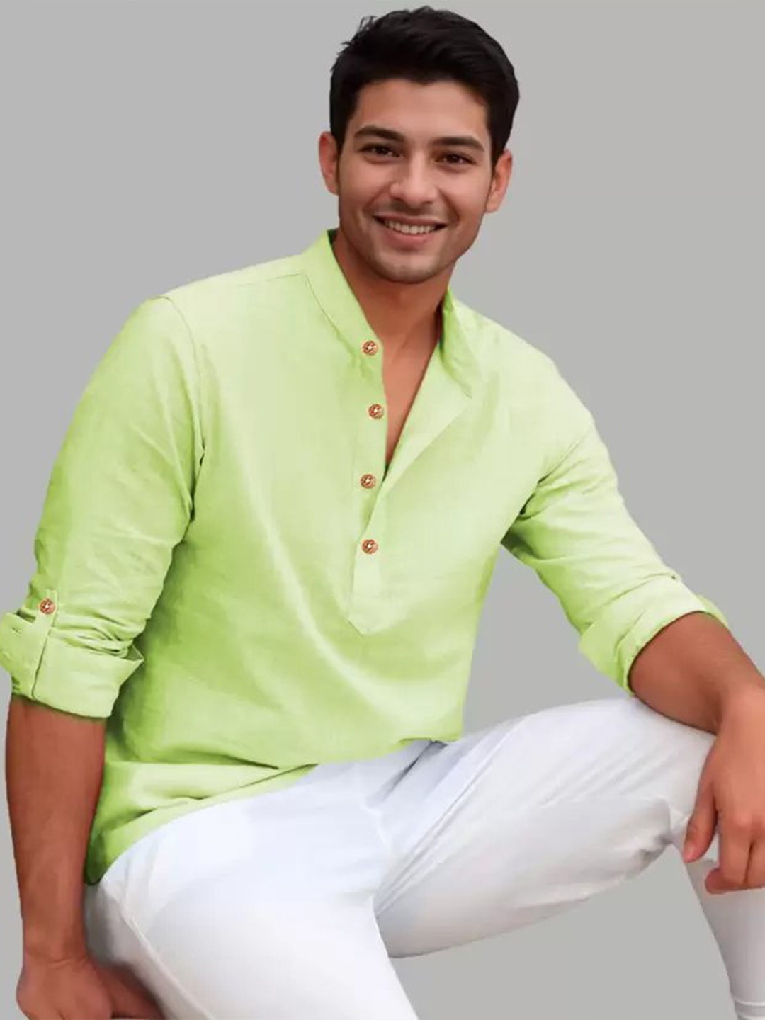 

LIFE ROADS Mandarin Collar Roll-Up Sleeves Wrinkle Free Pure Cotton Straight Short Kurta, Sea green