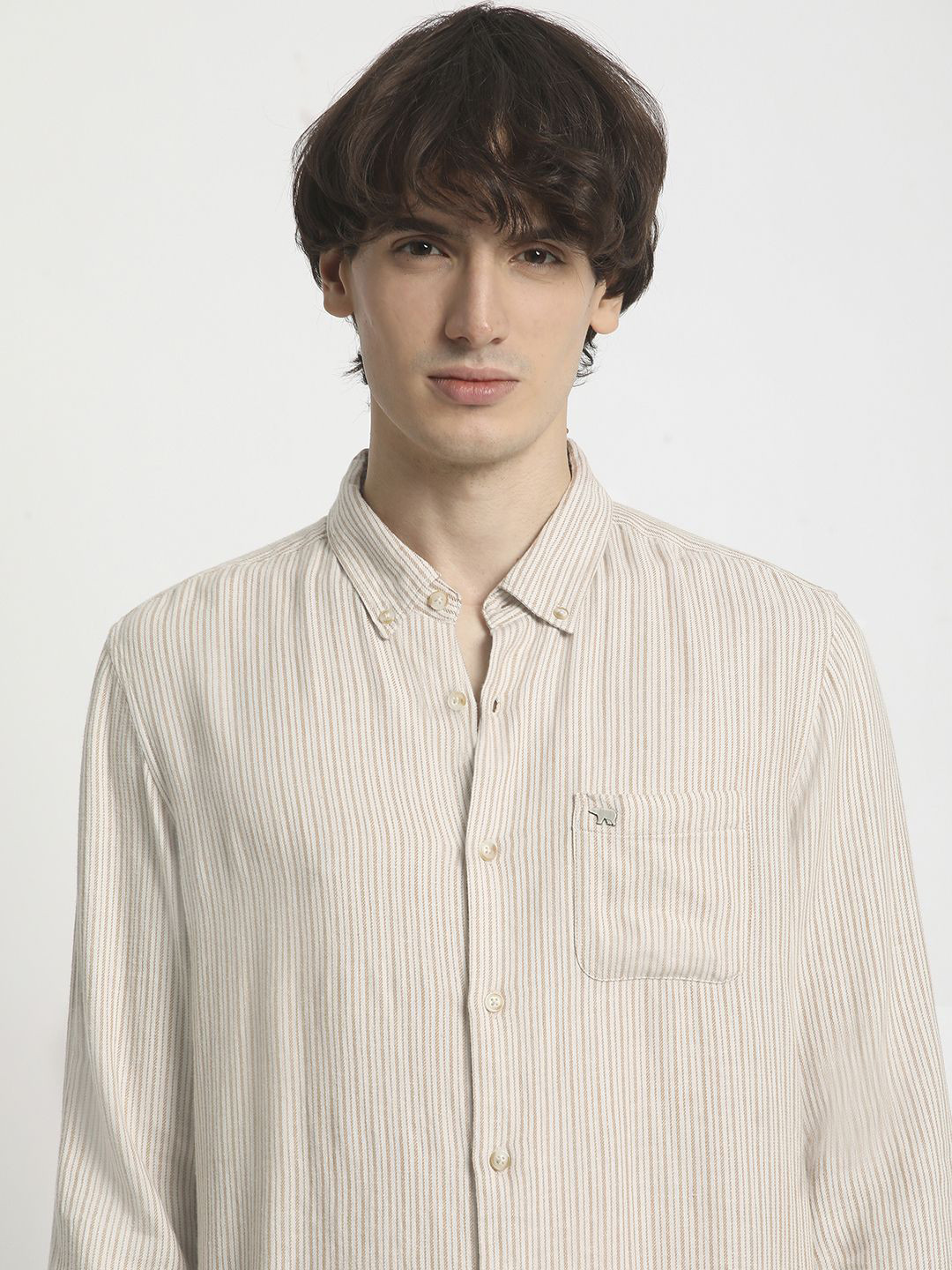

THE BEAR HOUSE Men Slim Fit Striped Casual Pure Cotton Shirt, Beige