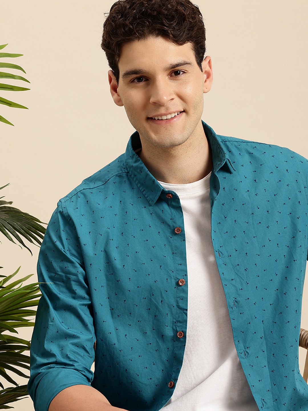 

Mast & Harbour Pure Cotton Opaque Printed Casual Shirt, Teal