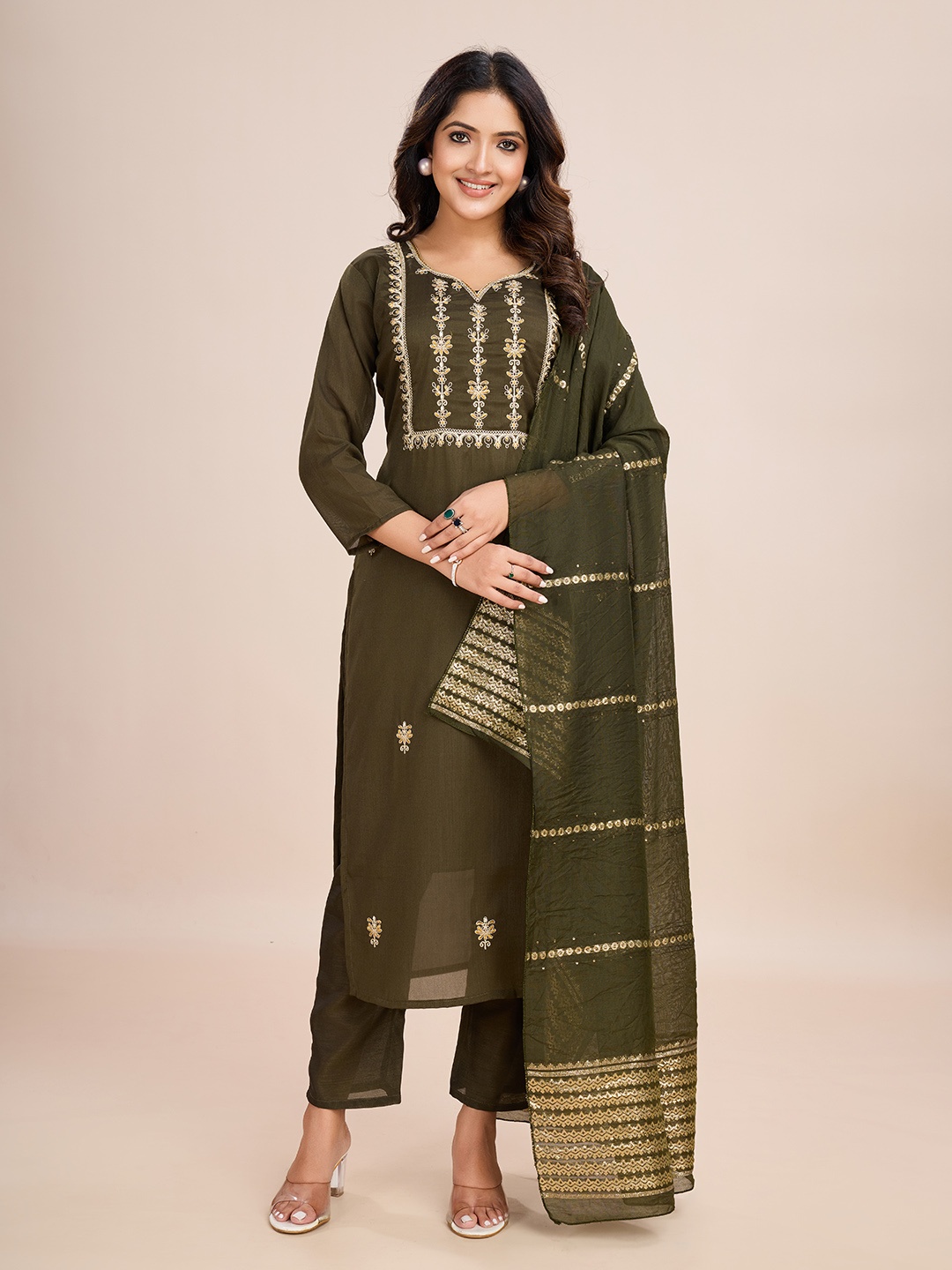 

FASHIRE Floral Embroidered Thread Work Kurta with Trouser & Dupatta, Green