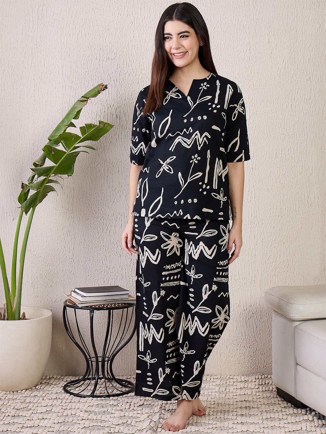 

July Women Pure Cotton Floral Printed Night suit, Black