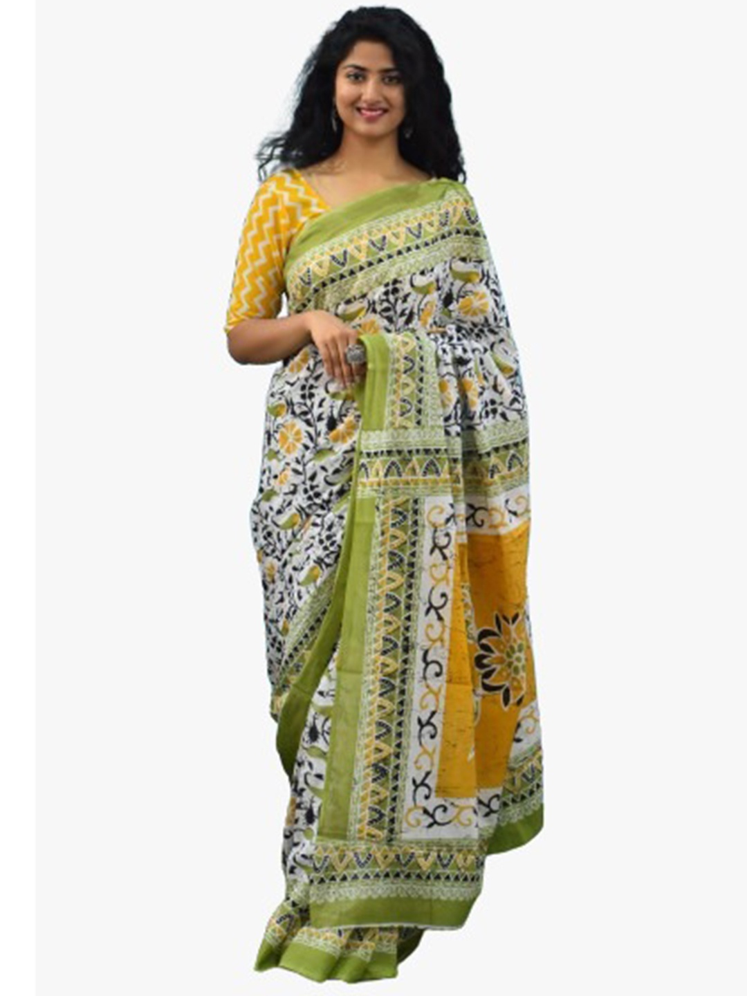 

TROPWEAR Block Print Ethnic Motif Pure Cotton Saree, Green