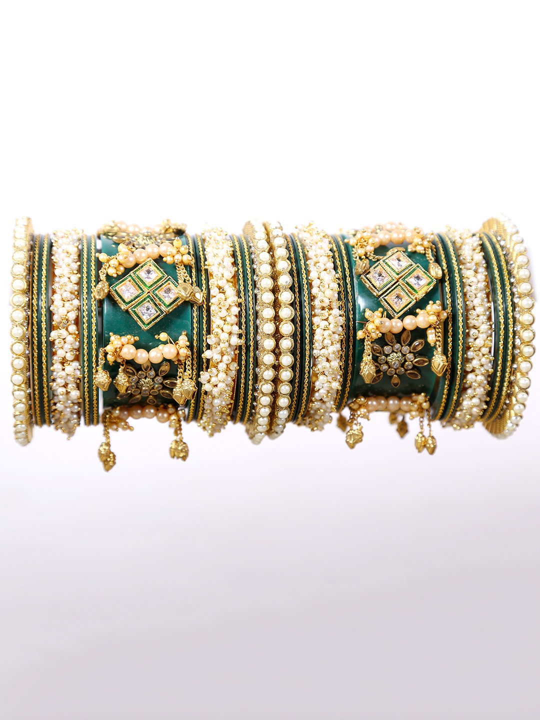 

Zindura Set Of 2 Gold-Plated Stone-Studded & Pearl Beaded Chuda Bangles With Hangings