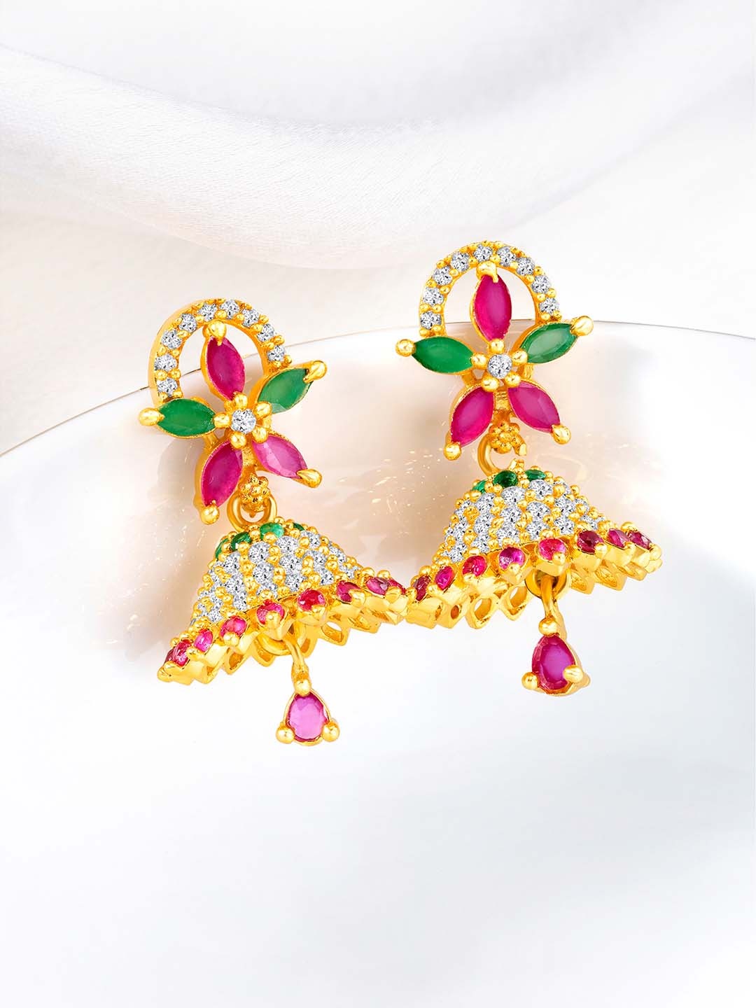 

Peora Gold-Plated CZ Studded Floral Jhumkas