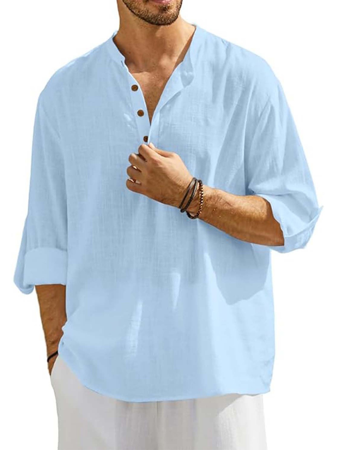 

EdinWolf Band Collar Cotton Straight Kurta, Turquoise blue