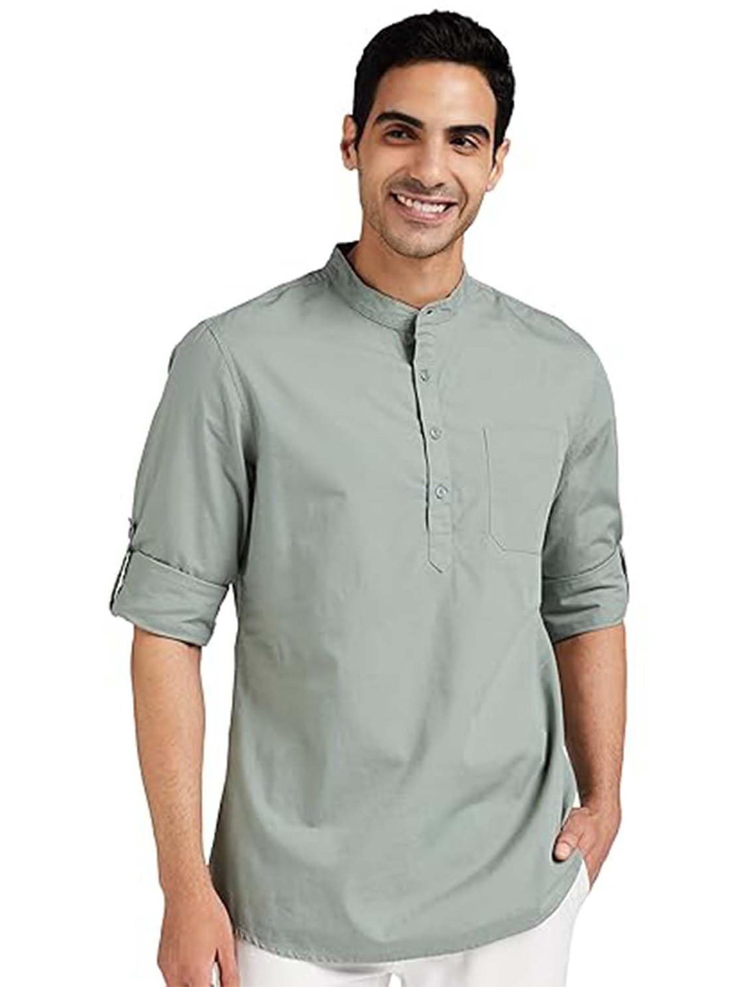 

EdinWolf Mandarin Collar Roll-Up Sleeves Pure Cotton Slim Fit Straight Short Kurta, Grey melange