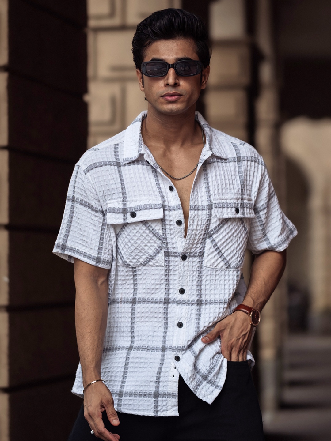 

Powerlook Men Opaque Checked Cotton Casual Shirt, White