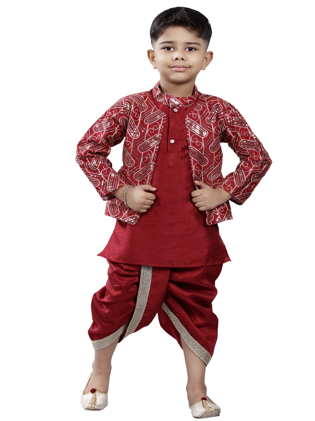 

BAESD Boys Mandarin Collar Kurta with Dhoti Pants & Nehru Jacket, Red