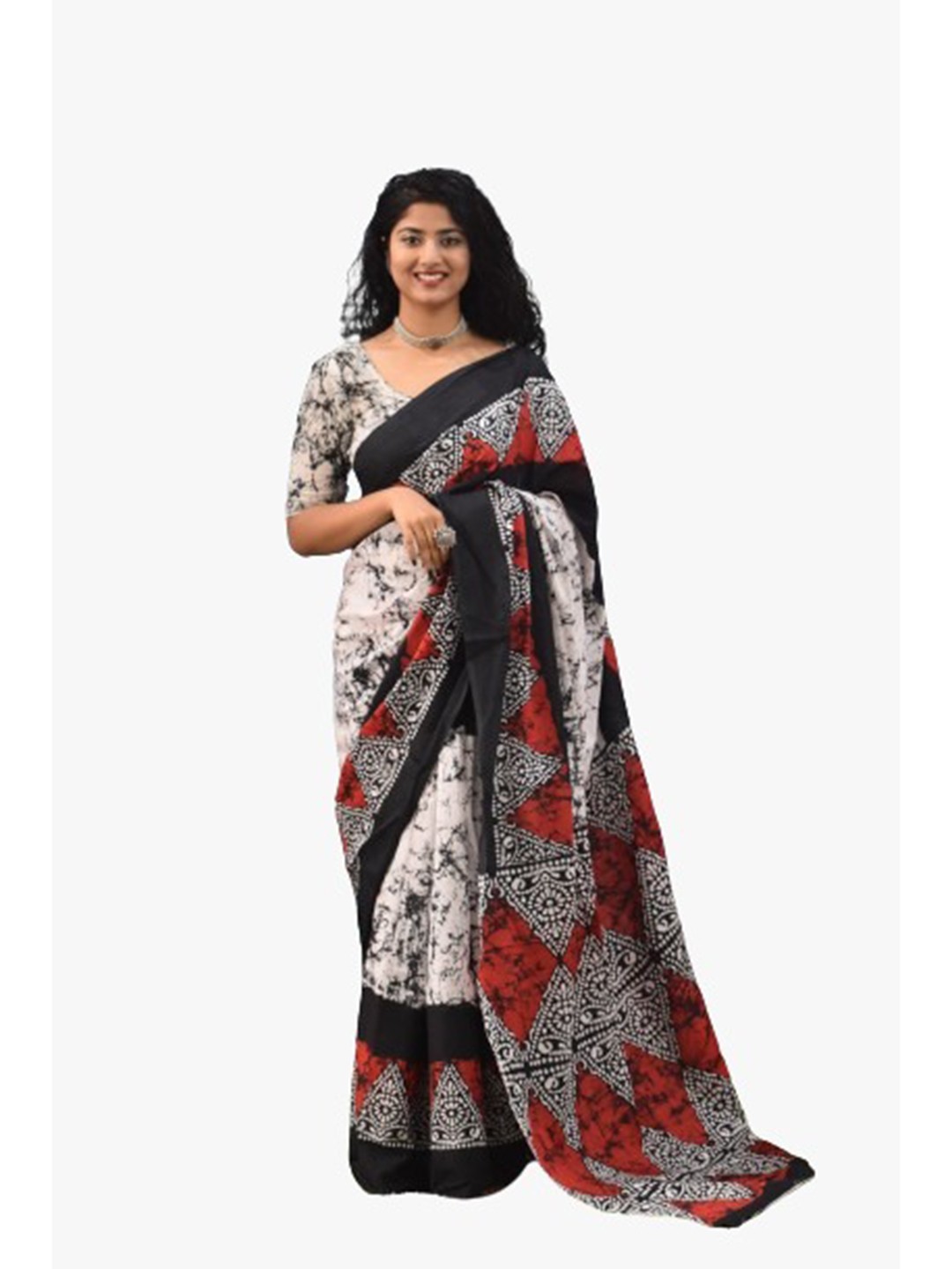 

clothonus Geometric Printed Ikat Pure Cotton Saree, Red