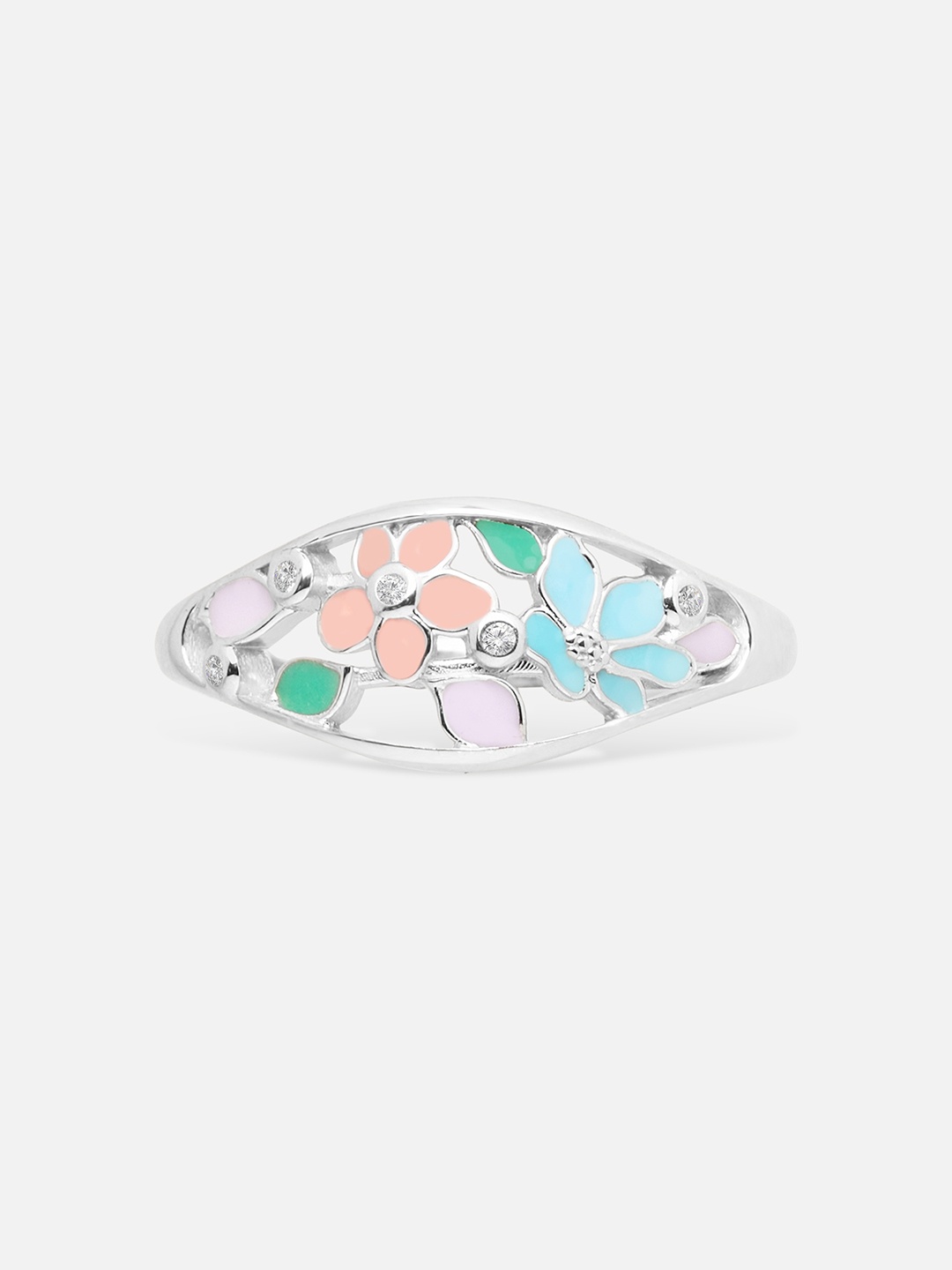 

Mia by Tanishq Meadow Shine Silver-Plated Cubic Zirconia Enamelled Finger Ring