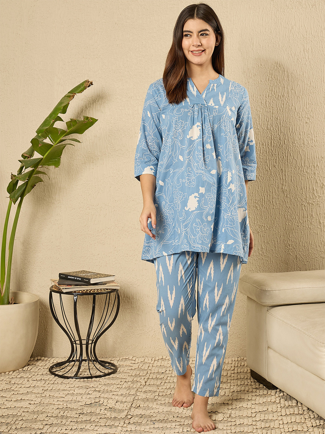 

July Women Pure Cotton Printed Night suit, Blue