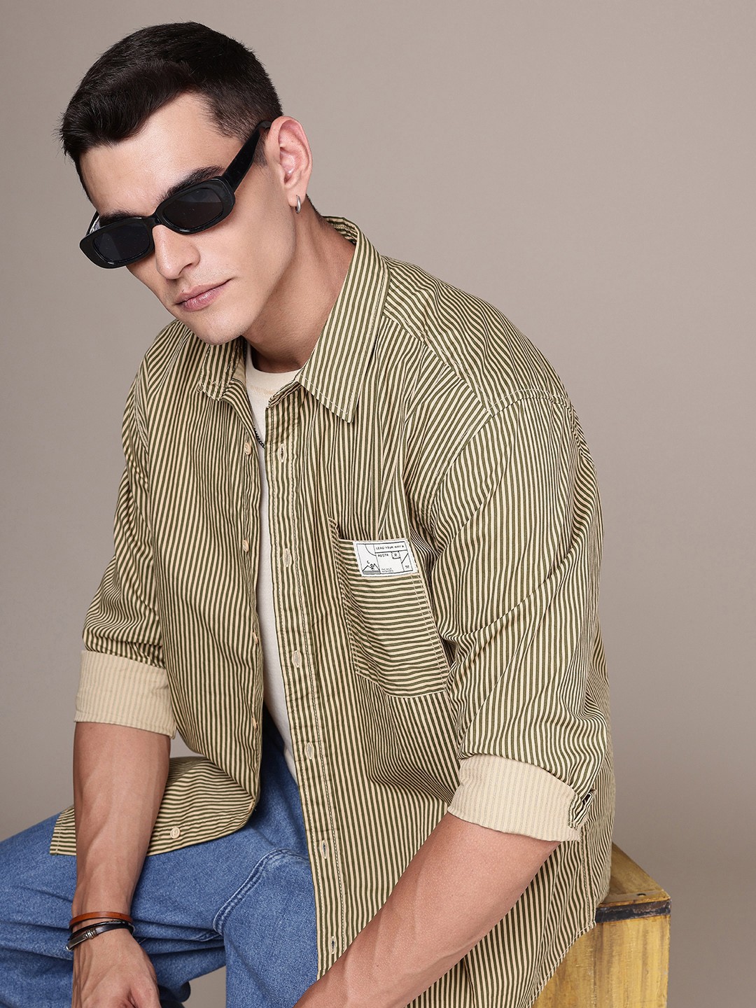 

The Roadster Life Co. Pure Cotton Relaxed Fit Striped Casual Shirt, Olive
