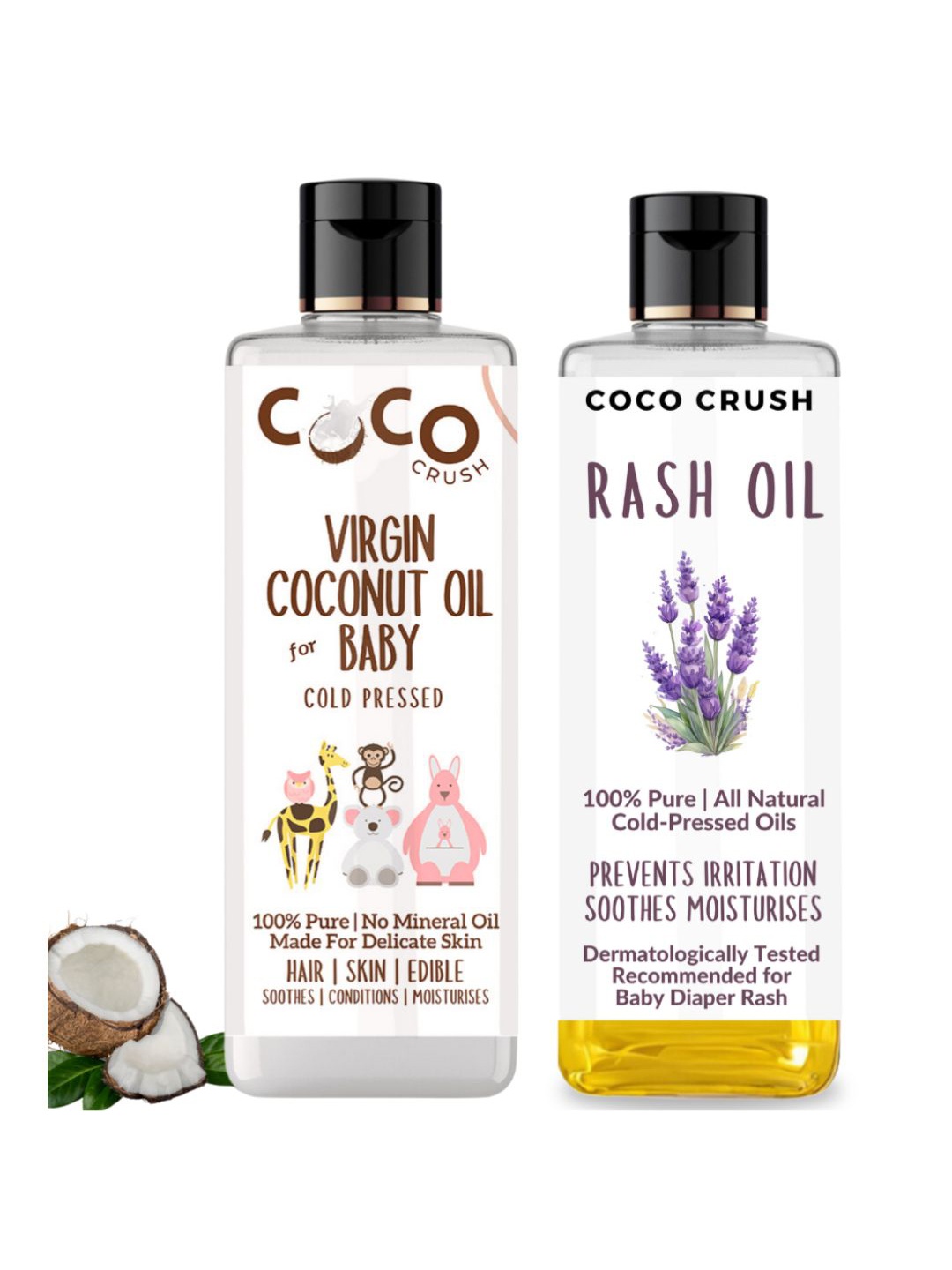 

Coco Crush Set Of 2 Natural & Virgin Coconut Oil -100 ml & Rash Oil For Babies- 200 ml, Transparent