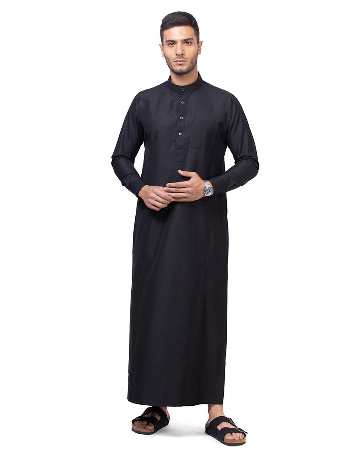 

MASHROO Unicus Band Collar Roll-Up Sleeves Machine Weave A-Line Kurta, Black