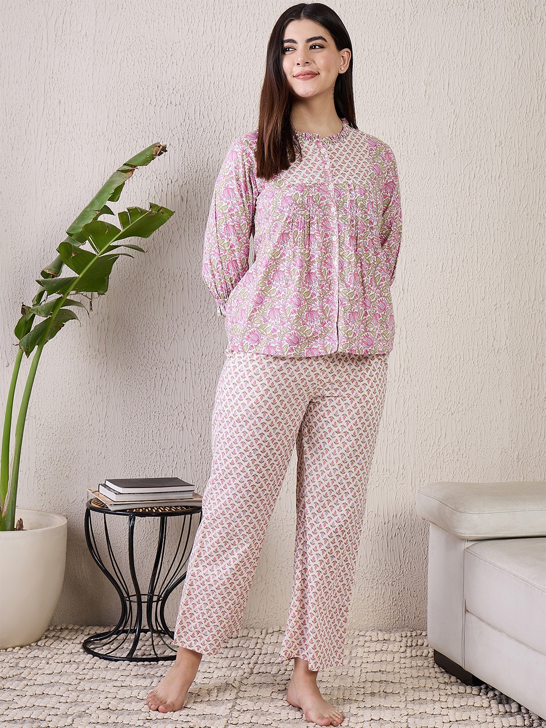 

July Women Pure Cotton Floral Printed Night suit, Pink