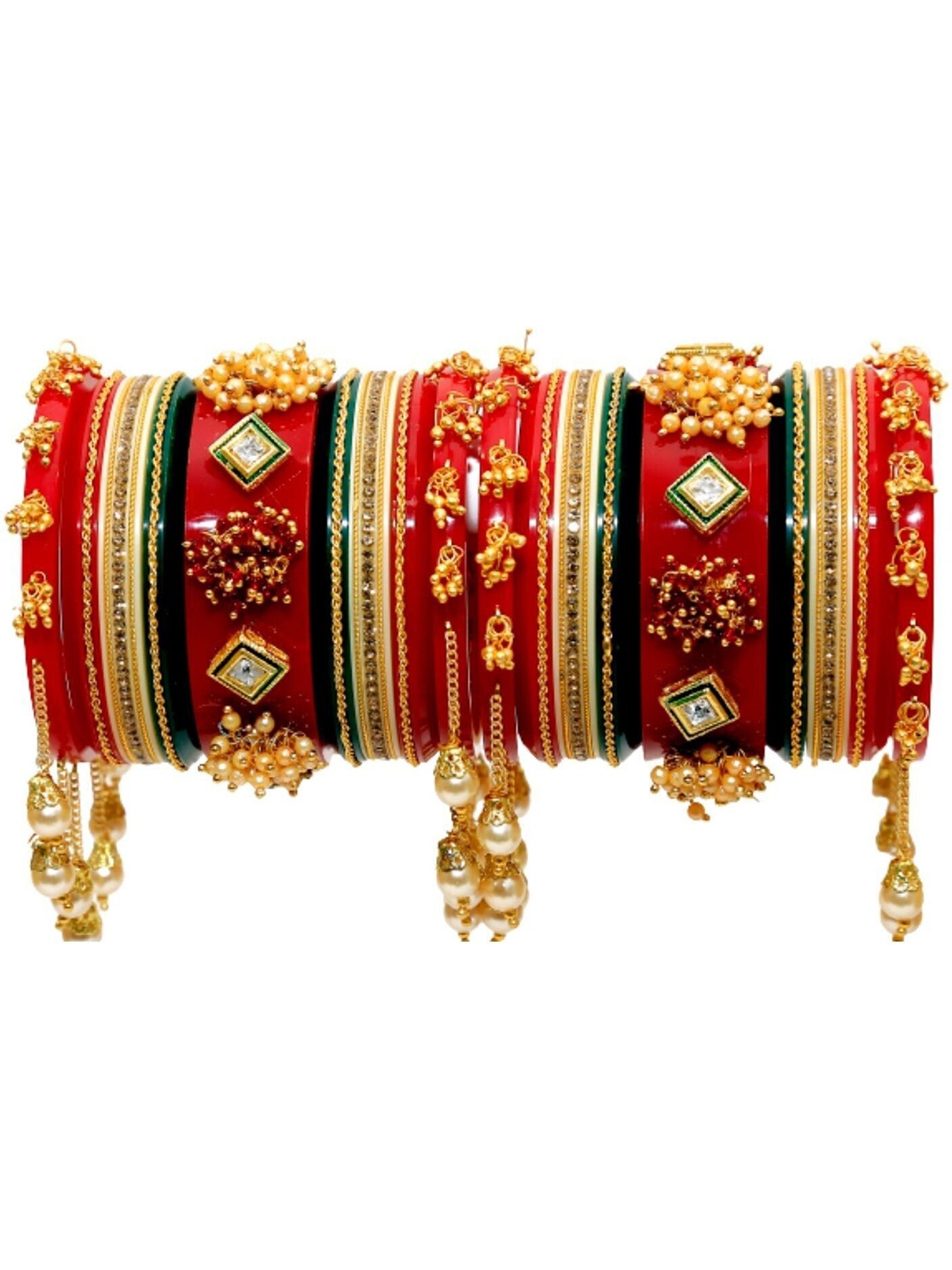 

Zindura Set Of 2 Gold-Plated Stones-Studded & Pearls-Beaded Chuda Bangles