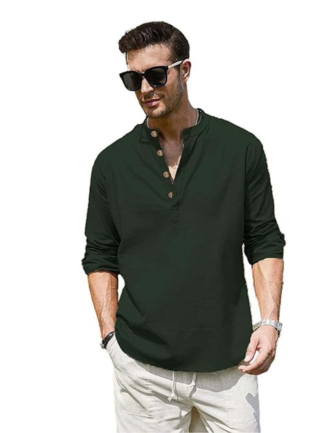 

EdinWolf Band Collar Roll-Up Sleeves Cotton Curved Kurta, Green