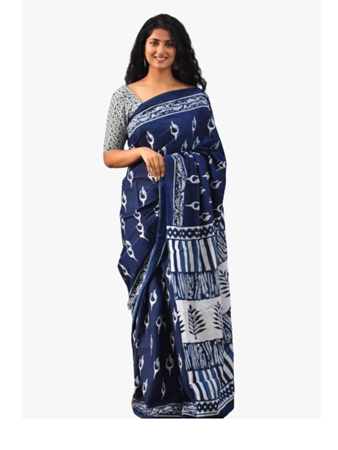 

TROPWEAR Ethnic Motifs Block Print Pure Cotton Saree, Blue