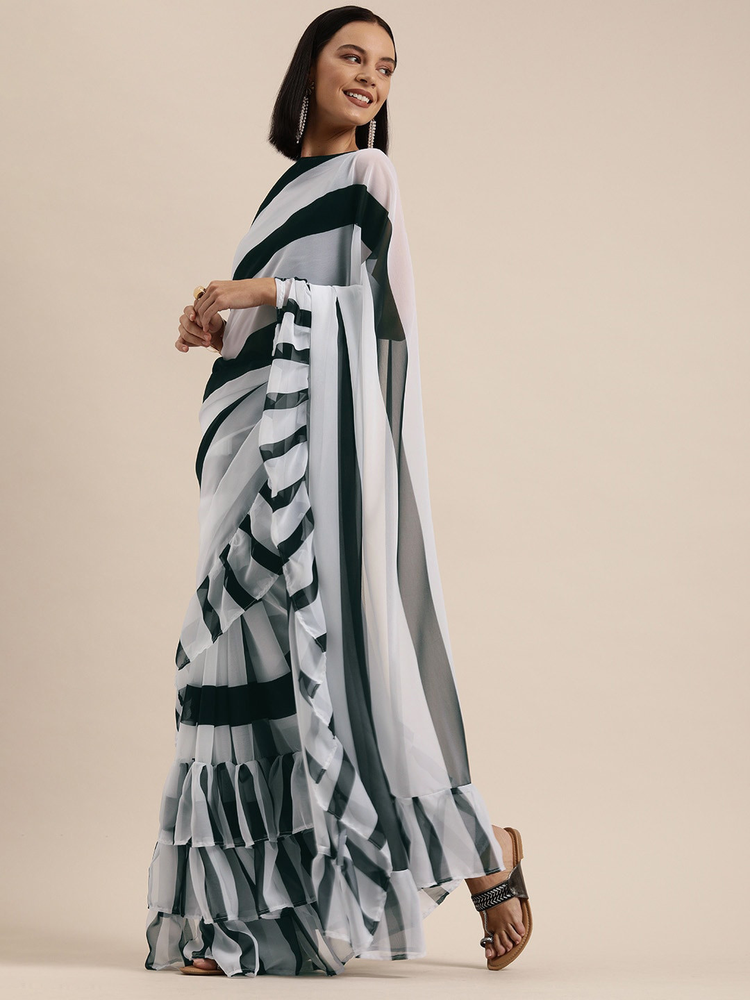 

Mitera Striped Ruffles Saree, White