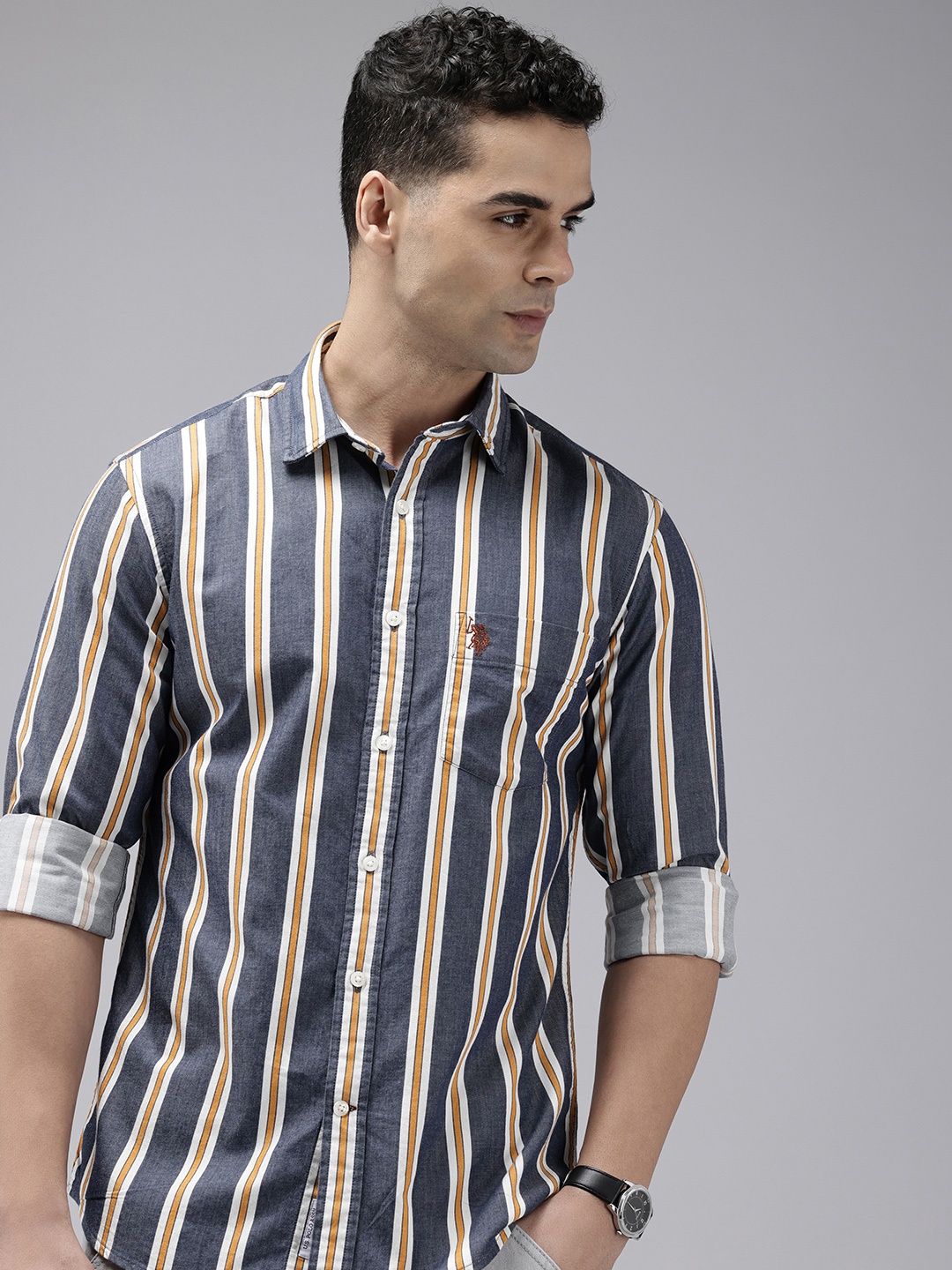 

U.S. Polo Assn. Pure Cotton Tailored Fit Striped Casual Shirt, Navy blue