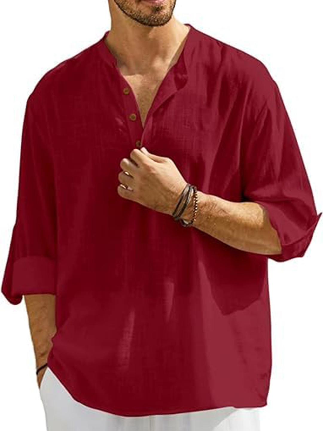 

EdinWolf Band Collar Roll-Up Sleeves Cotton Curved Kurta, Maroon