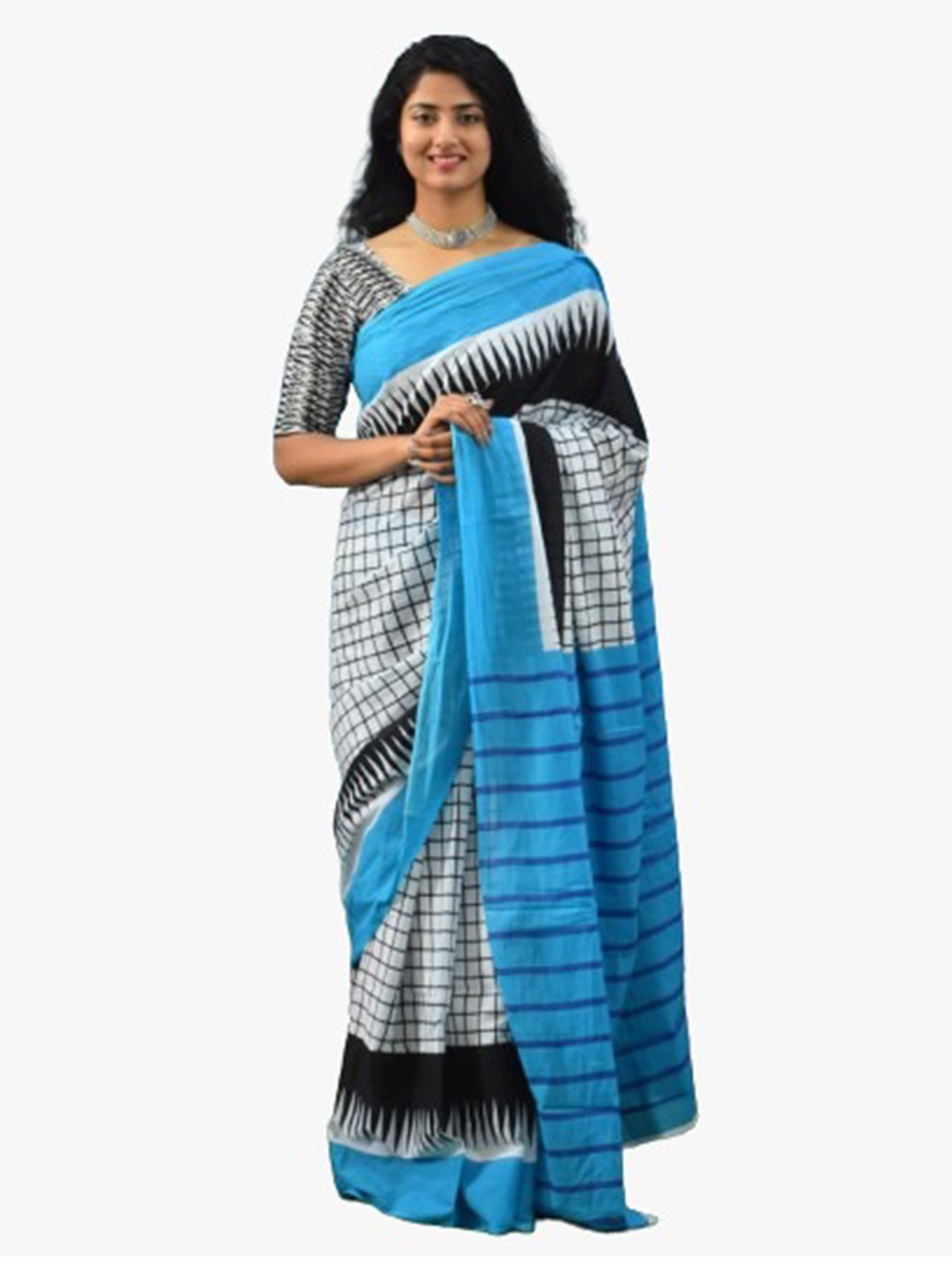 

clothonus Checked Block Print Pure Cotton Saree, Blue