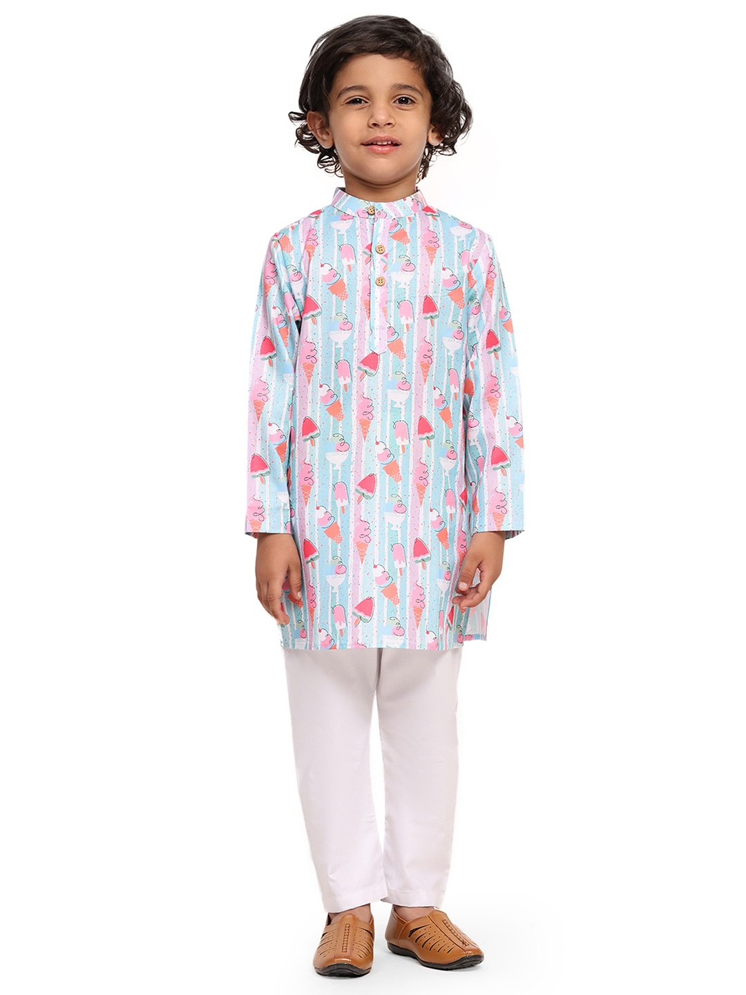 

Funny Bones Conversational Printed Band Collar Linen Straight Kurta With Pyjamas, Blue