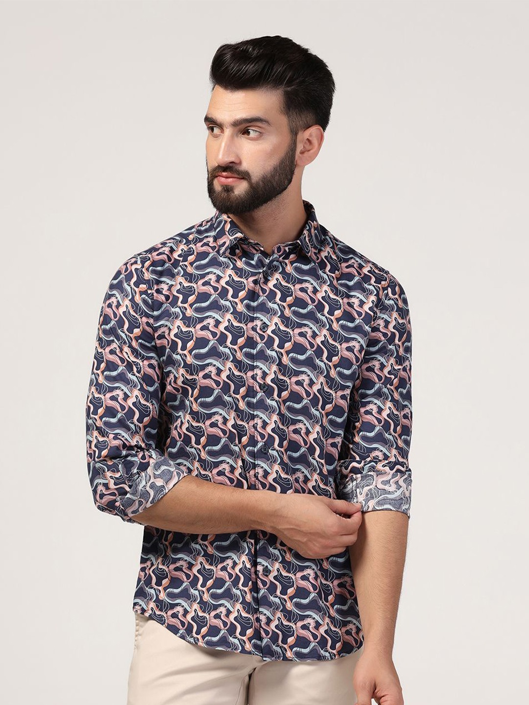 

Blackberrys Straight Slim Fit Abstract Printed Cotton Casual Shirt, Navy blue