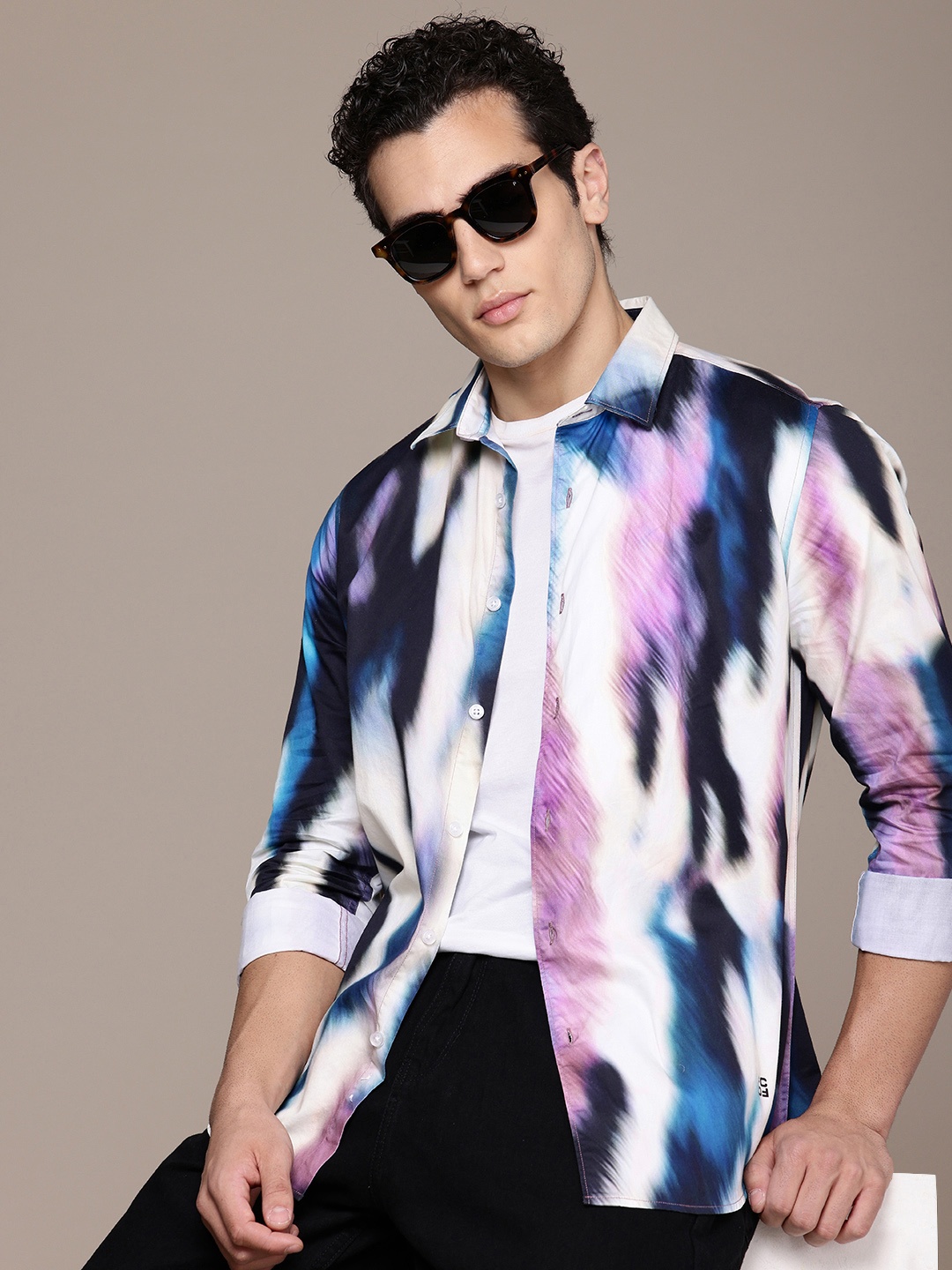 

French Connection Slim Fit Abstract Printed Pure Cotton Casual Shirt, White