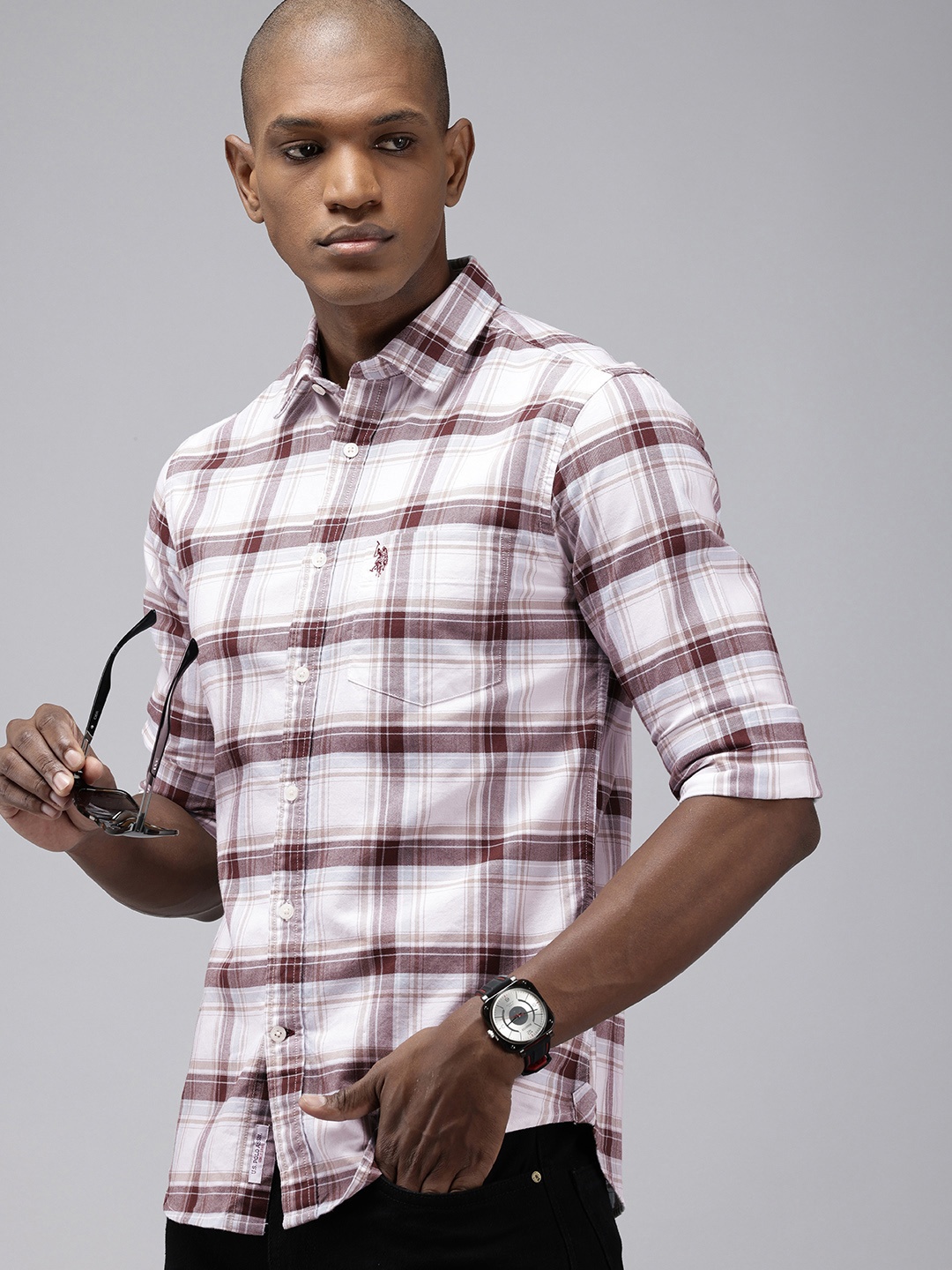 

U.S. Polo Assn. Tailored Fit Checked Pure Cotton Casual Shirt, Brown