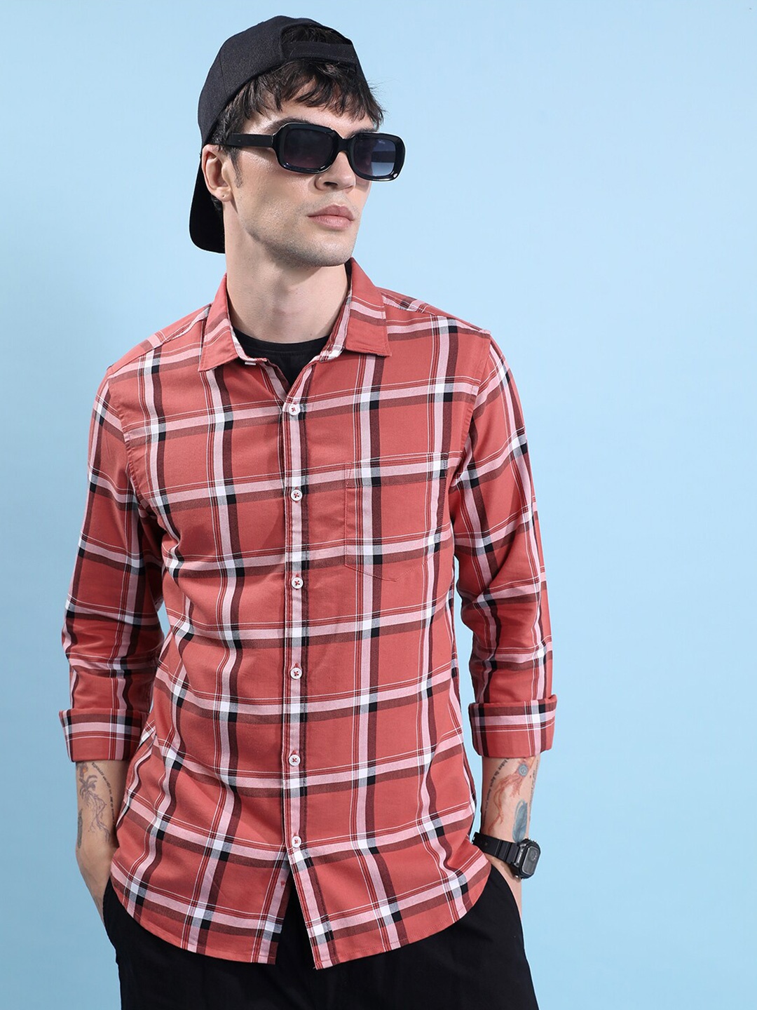 

HIGHLANDER Brown Slim Fit Tartan Checked Casual Shirt, Pink