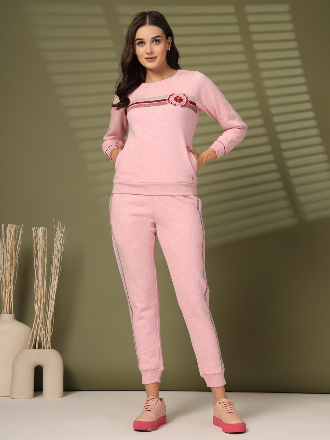 

Juelle Women Winter Wear Printed Round Neck Track Suit, Pink