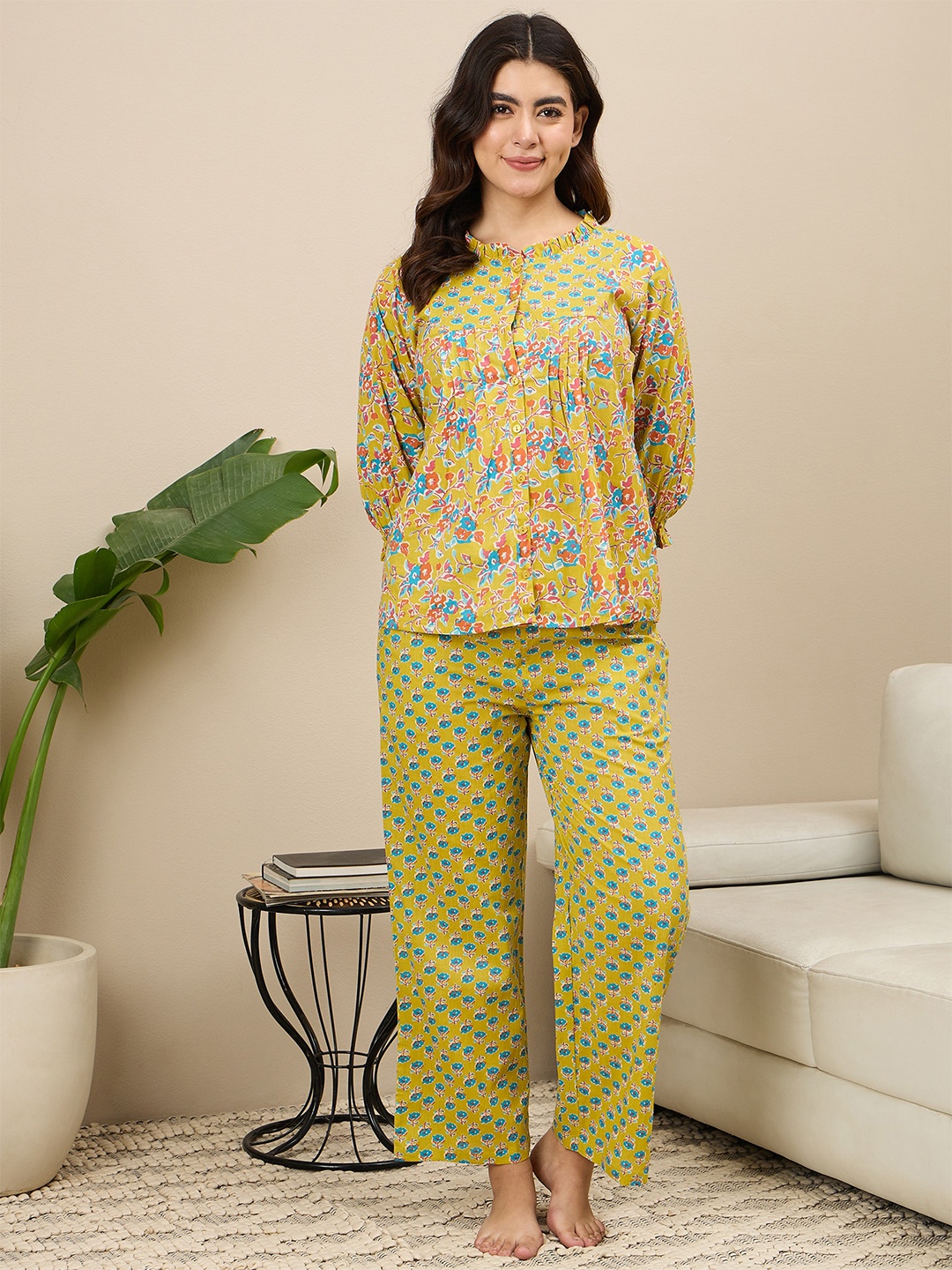 

July Women Floral Printed Pure Cotton Night suit, Yellow